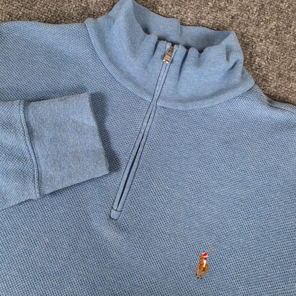 Polo Ralph Lauren Quarter Zip Sweater Mens L Blue Textured Cotton Flesh Pony